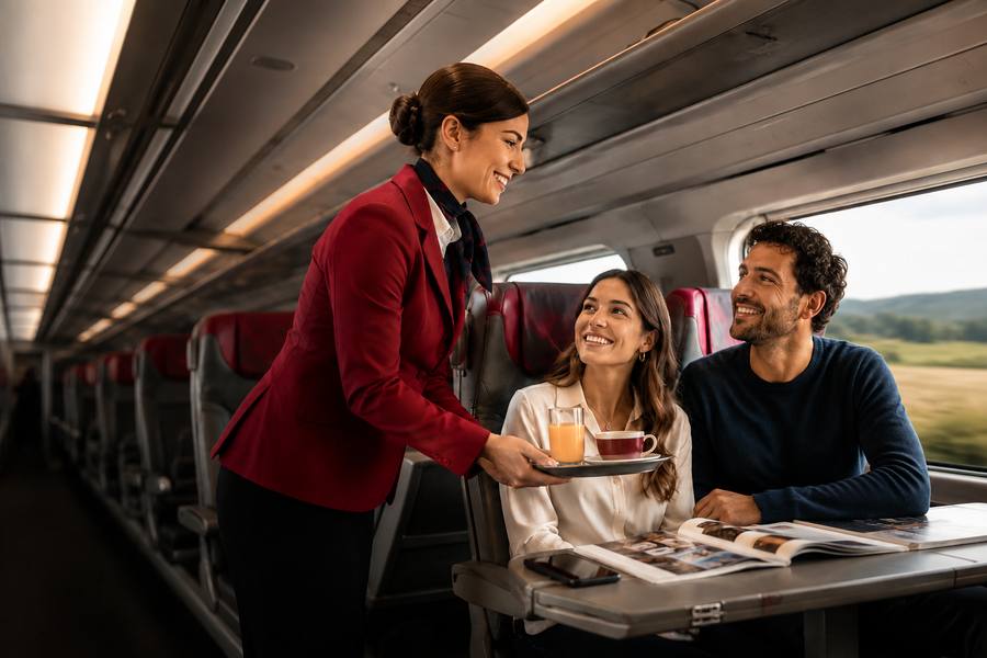 Italo attendant serving a passenger in Club Executive class