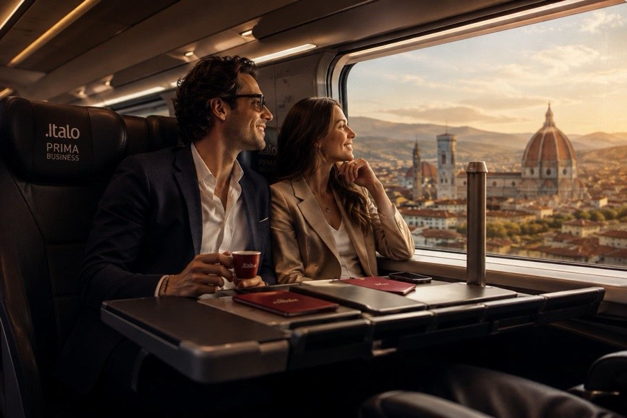 Couple enjoying coffee in Italo Prima class with a view of Florence