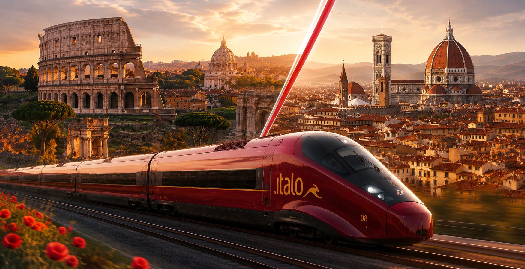 Italo high speed train with the Colosseum and Florence Duomo in the background